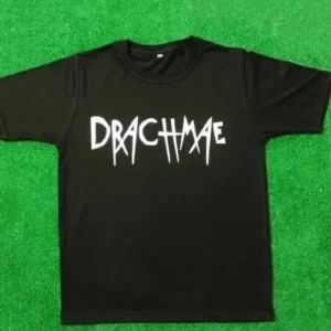 A black t-shirt with a sharp white gothic-style "DRACHMAE" font printed across the chest.