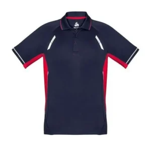A tri-color athletic polo shirt in navy blue, featuring sharp red side panels and white diagonal accents on the shoulders.