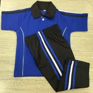 A two-piece sports uniform consisting of a navy blue polo shirt and matching black track pants featuring double royal blue stripes down the legs.