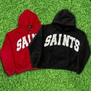 A pair of custom hoodies in vibrant red and black, featuring "SAINTS" printed across the chest in a classic white varsity-style arched font.