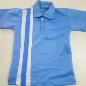 A light blue school uniform polo shirt featuring a white collar and two distinct vertical white stripes running down the left side of the chest.