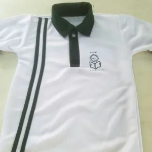 A crisp white polo shirt designed for school uniforms, featuring a dark green collar and two vertical green stripes on the left front panel.