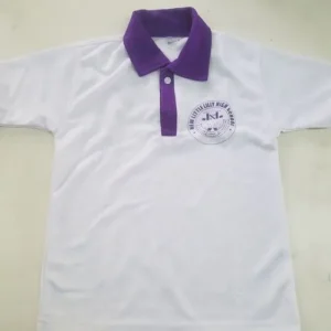 A minimalist white school uniform polo shirt highlighted by a contrasting purple collar and a matching purple button placket.