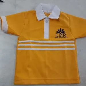 A bright yellow school uniform polo with a white collar and three horizontal white stripes printed across the center of the chest.