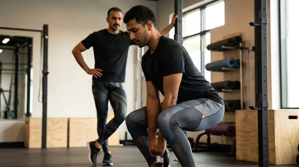 Performance leggings fabric detail showing four-way stretch and sculpting waistband construction