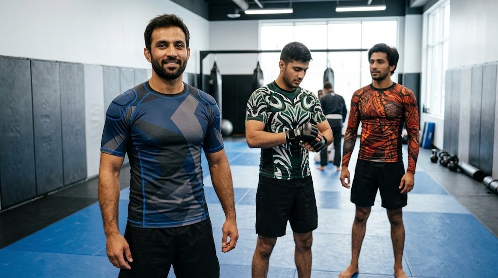 Custom rash guard for BJJ and MMA displayed on a training mat with flatlock stitching detail
